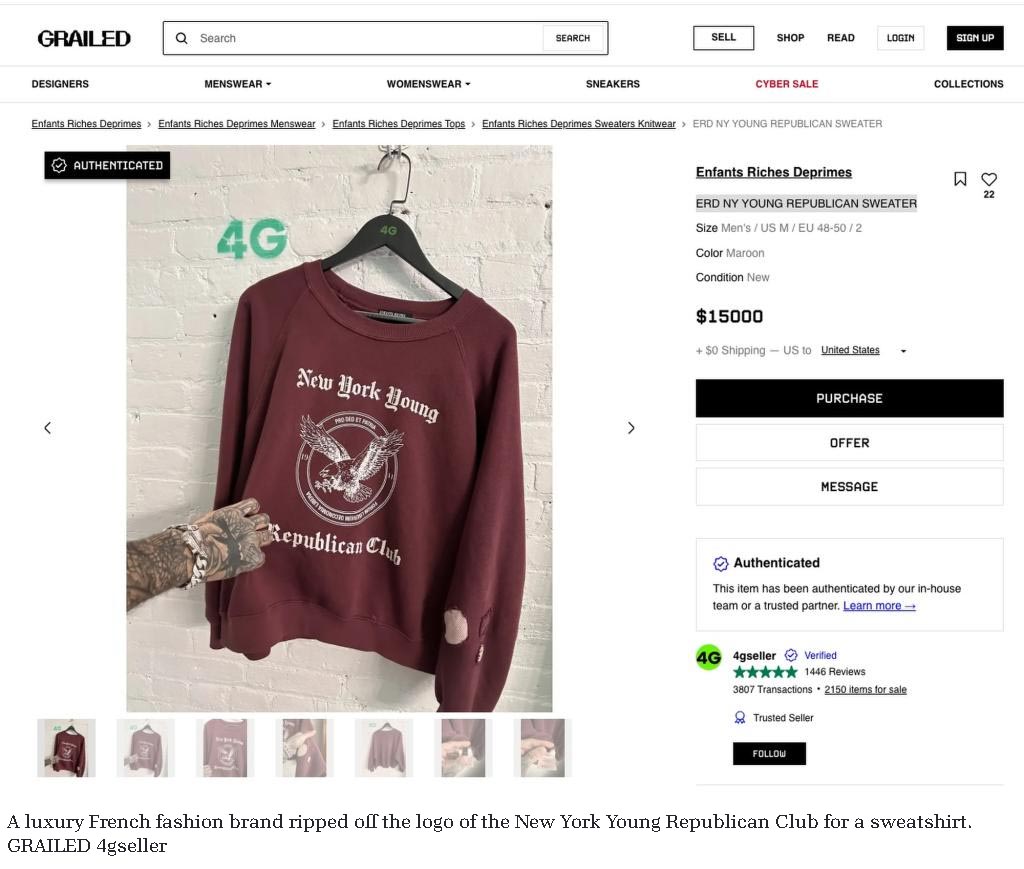 Luxury French clothing brand rips off logo of the NY Young Republicans, puts it on sweatshirt selling for $1.4K